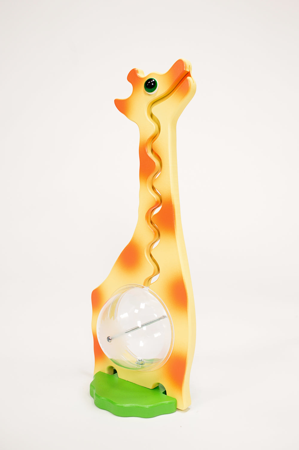 Angled view of the orange and yellow giraffe coin bank