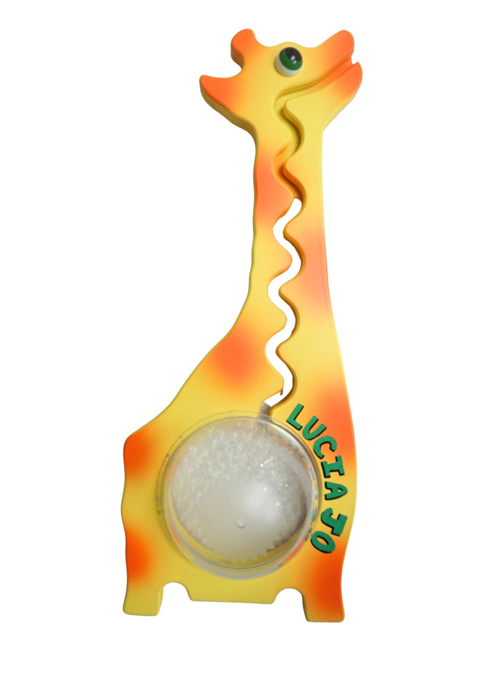 Giraffe coin bank showing an example of personalized name lettering