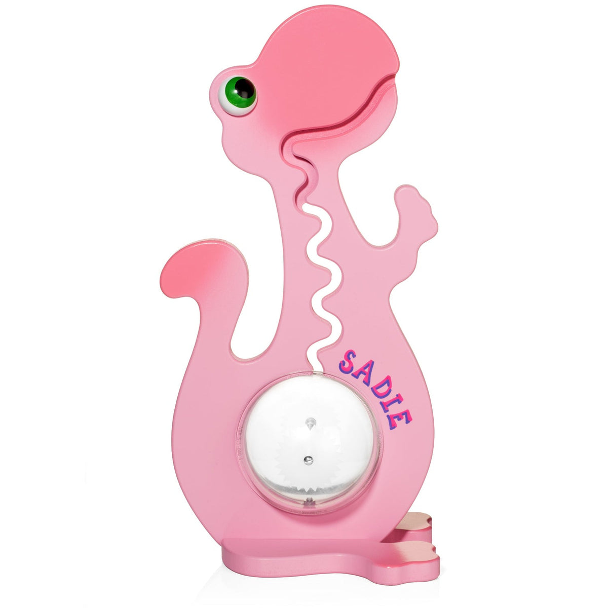 Pink dinosaur bank showing an example of personalized name lettering