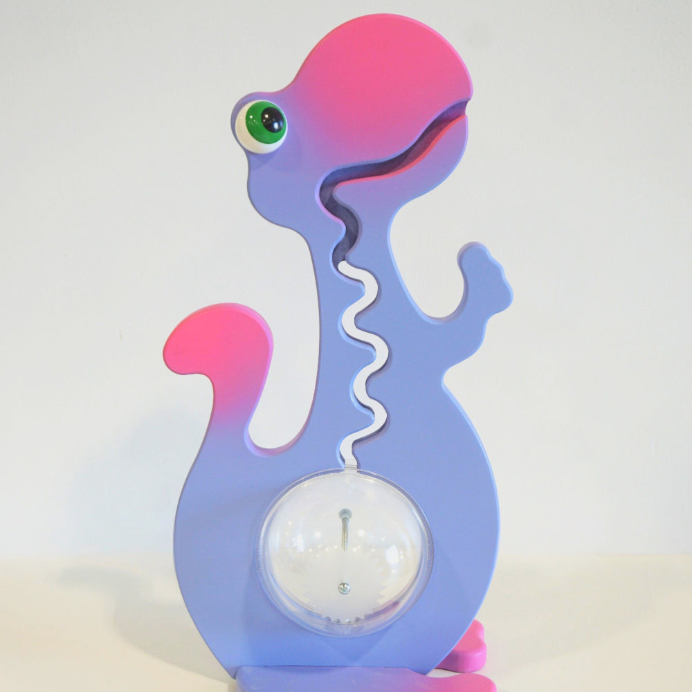 Front view of the purple and pink dinosaur bank with zigzag track and clear belly