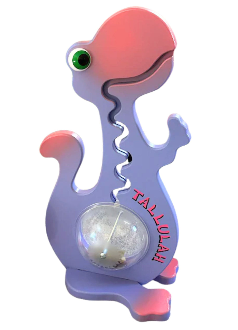 Purple and pink dinosaur bank showing an example of personalized name lettering