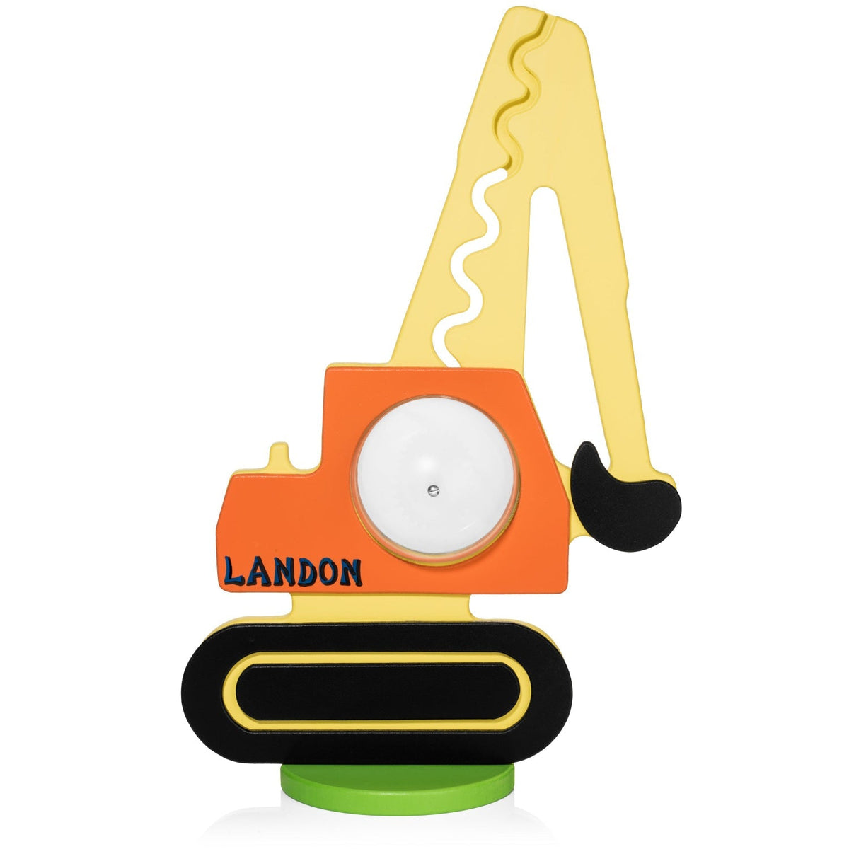 Excavator coin bank showing an example of personalized name lettering on the orange body
