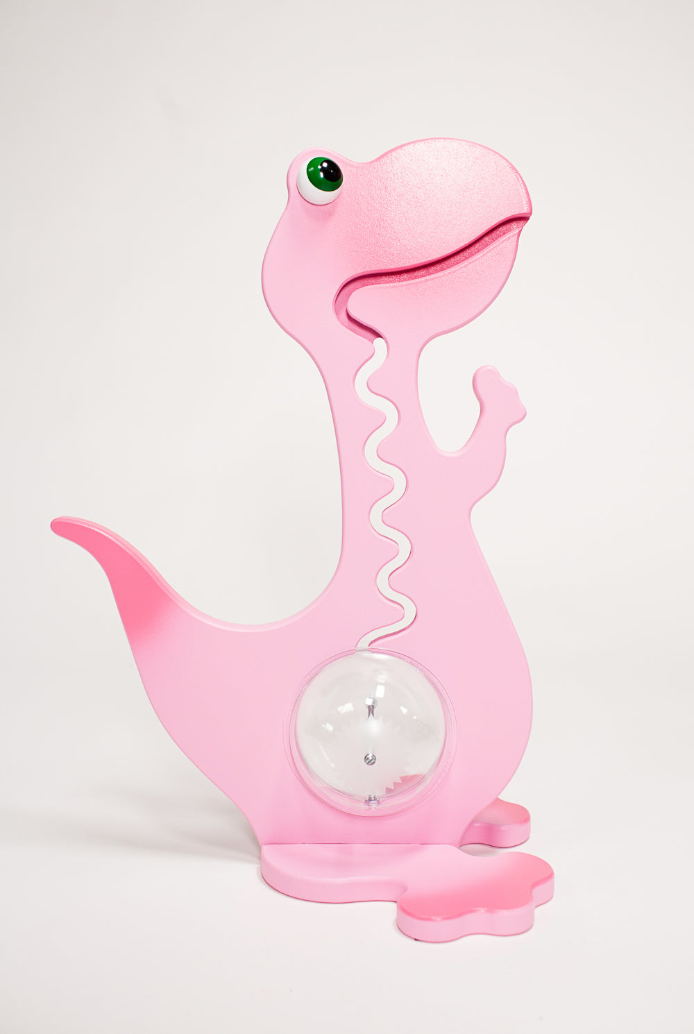 Front view of the large pink dinosaur coin bank