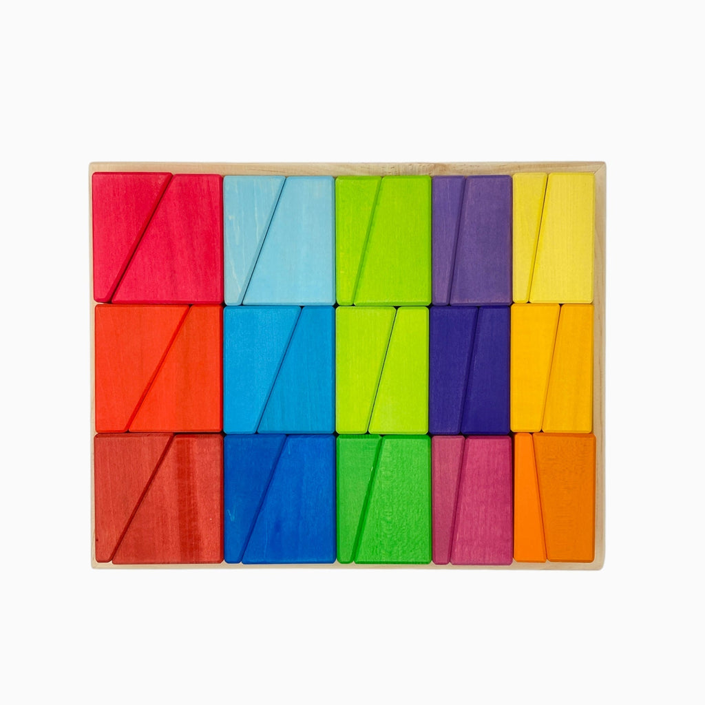 30 Pcs STAINED Wooden Sloping Blocks in Primary Rainbow Colors with Storage Tray |  | The Baby Penguin