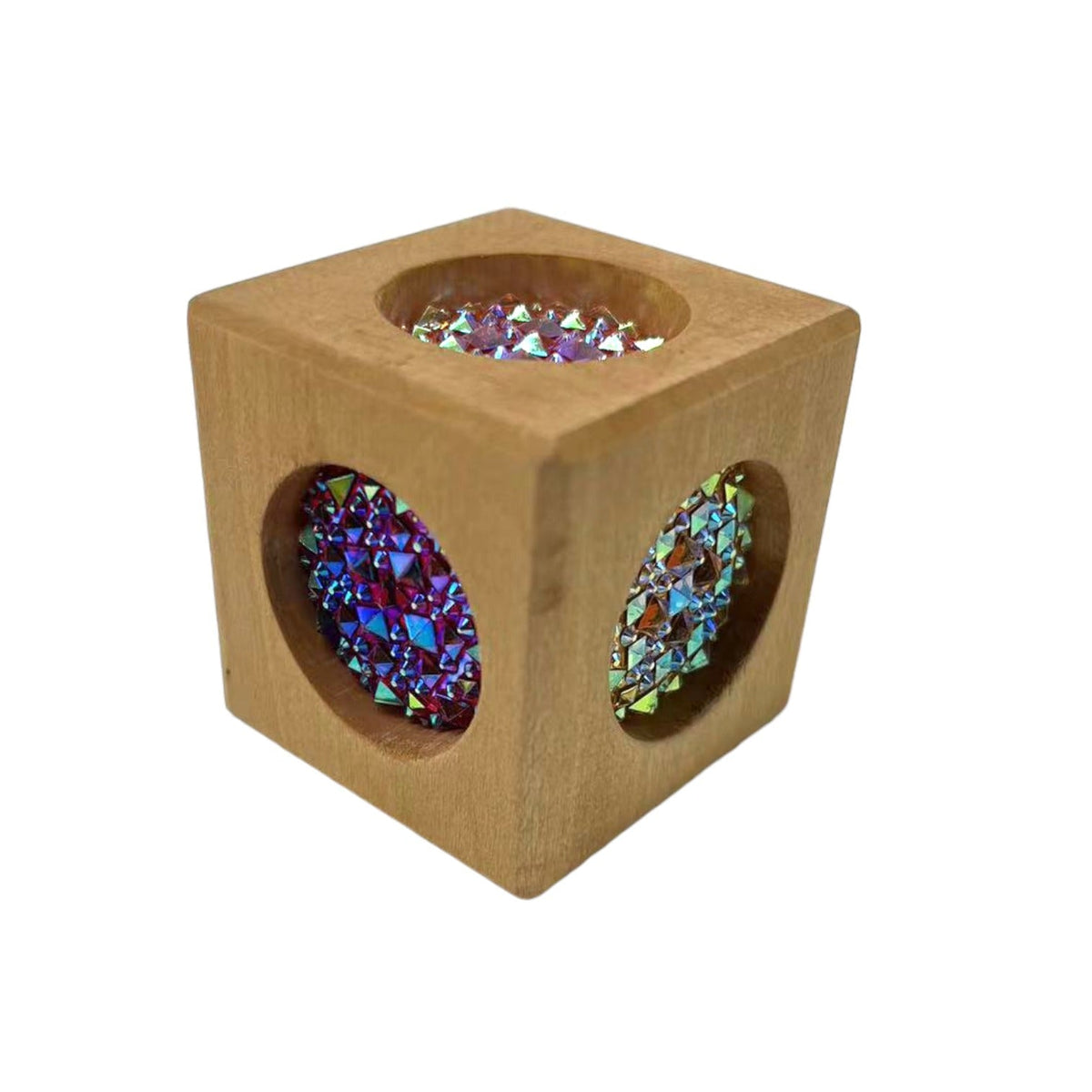 Wooden cube gem block with sparkling colored faces