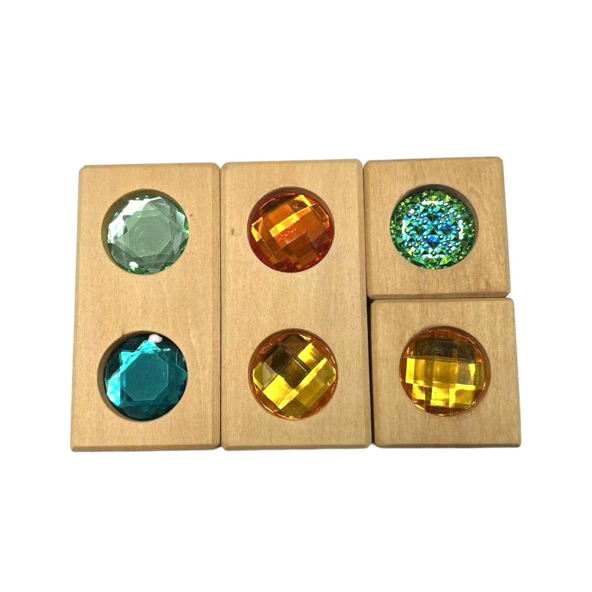 Cube and cuboid gem blocks arranged in two rows