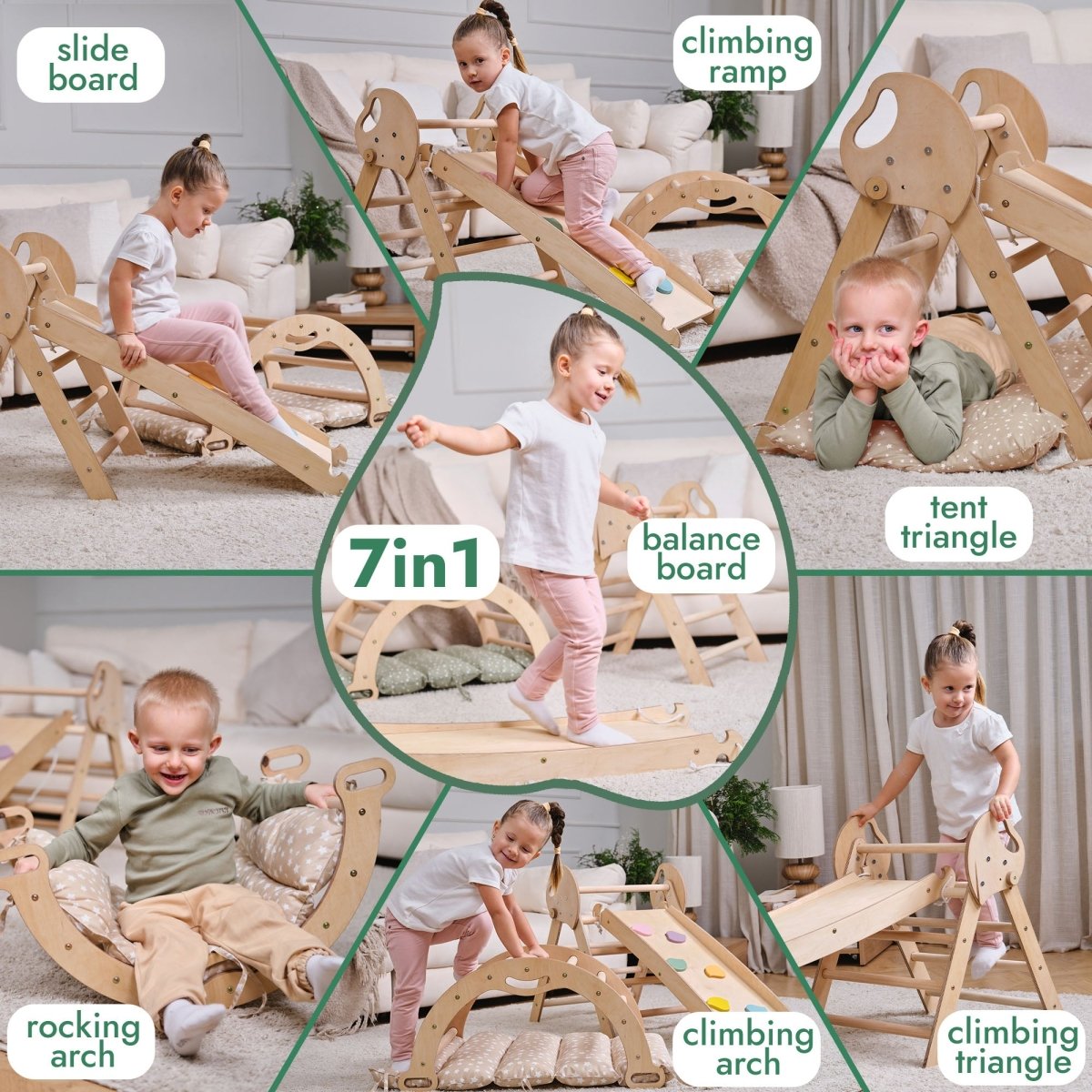 4in1 Montessori Climbing Set: Pikler Triangle, Arch, Slide Board, and Cushion for Toddlers (1–3 Years) - The Baby Penguin