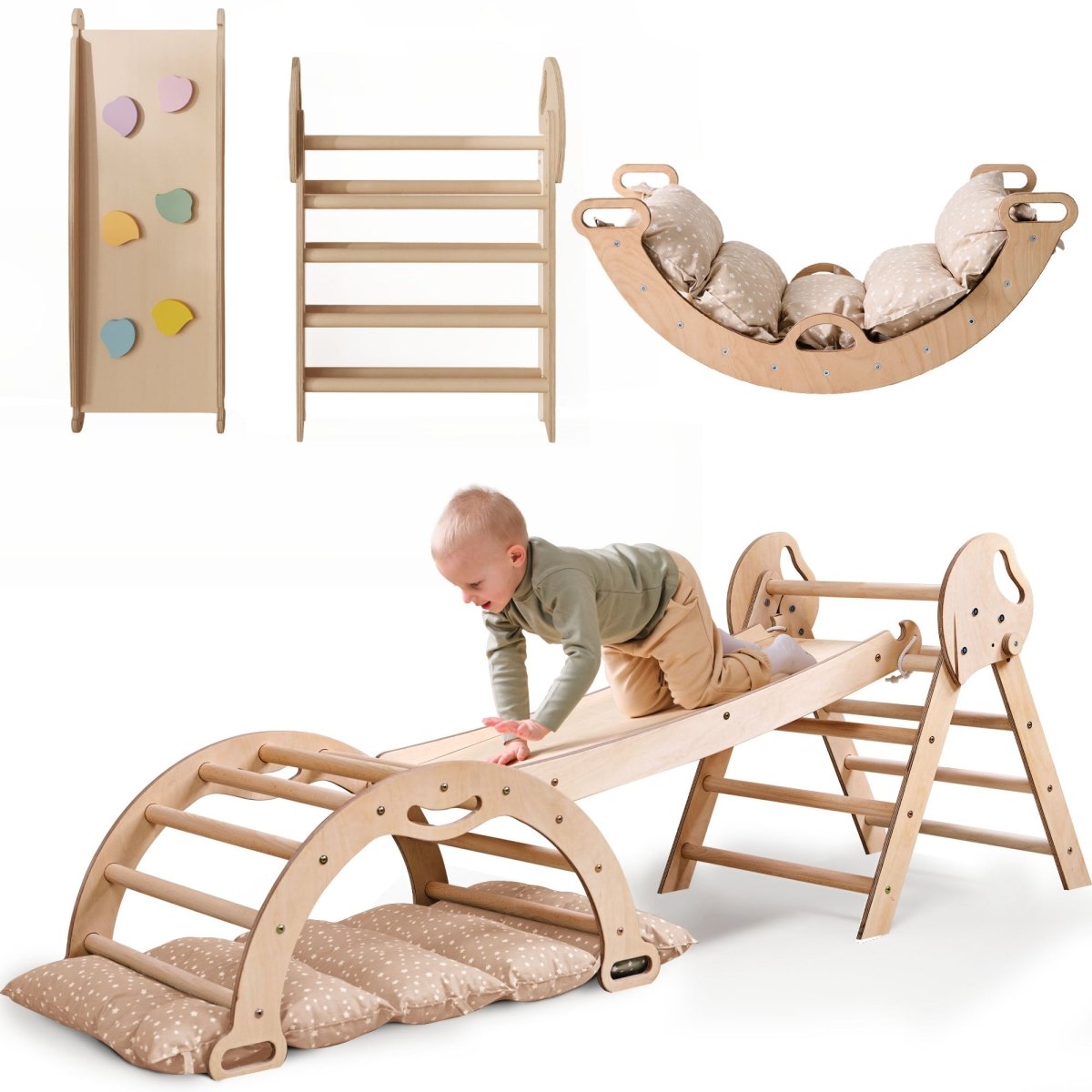 4in1 Montessori Climbing Set: Pikler Triangle, Arch, Slide Board, and Cushion for Toddlers (1–3 Years) - The Baby Penguin