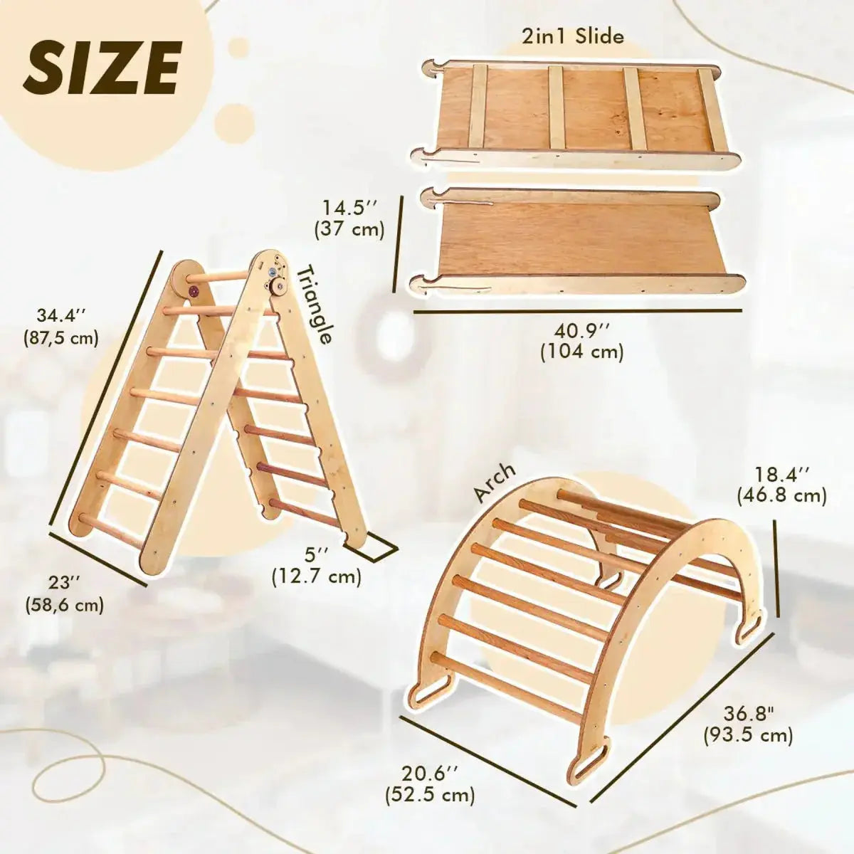 4in1 Montessori Climbing Set: Triangle Ladder + Climbing Arch + Slide Board & Cushion – Beige - The Baby Penguin