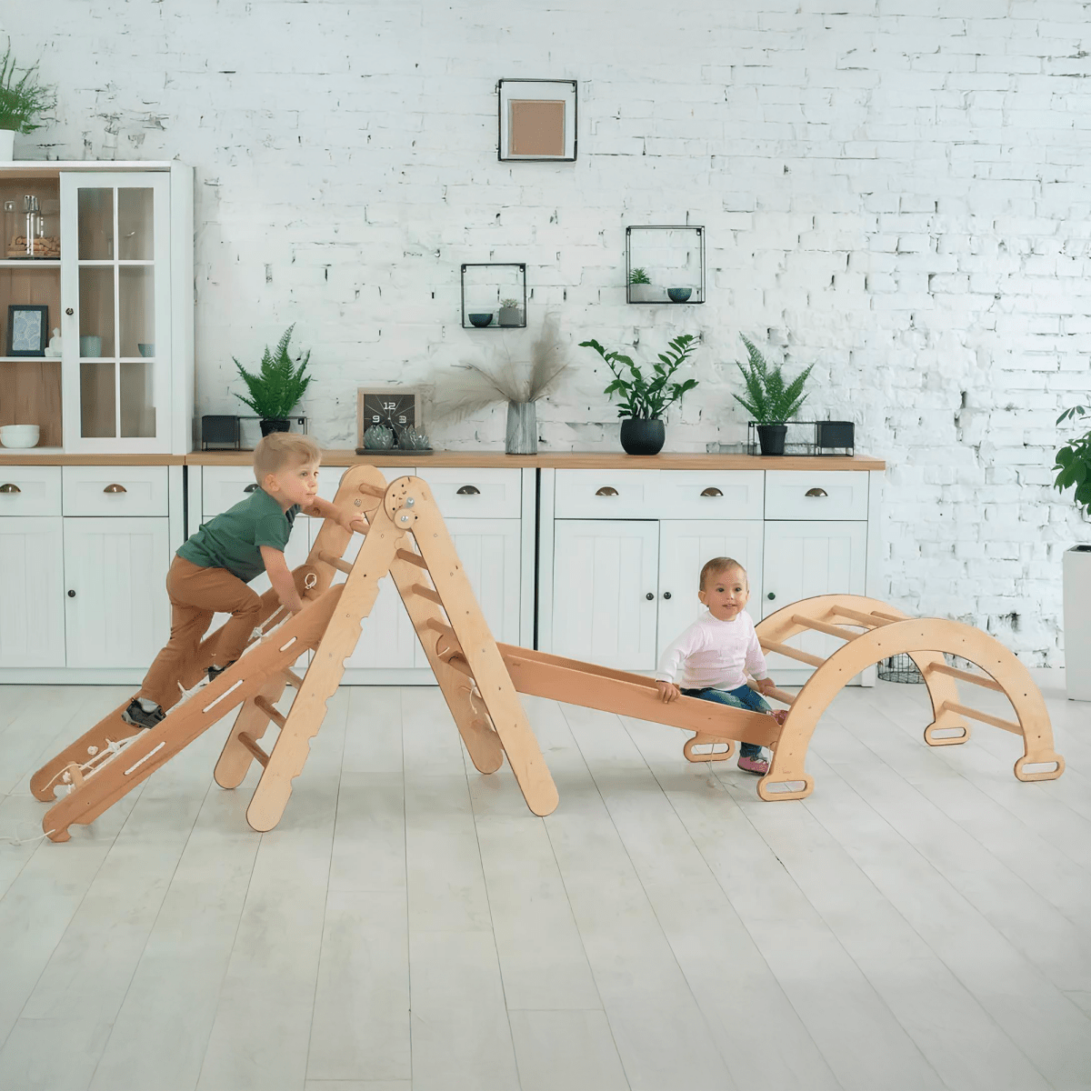 4in1 Montessori Climbing Set: Triangle Ladder + Climbing Arch + Slide Board + Net – Beige - The Baby Penguin