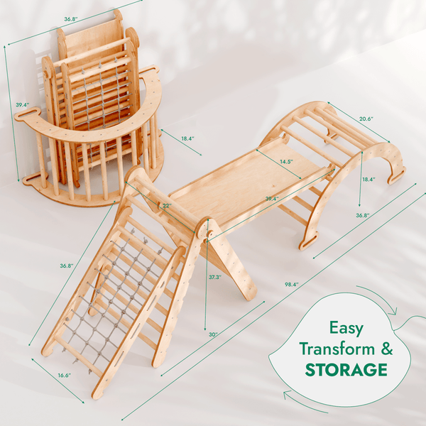 4in1 Montessori Climbing Set: Triangle Ladder + Climbing Arch + Slide Board + Net – Beige - The Baby Penguin