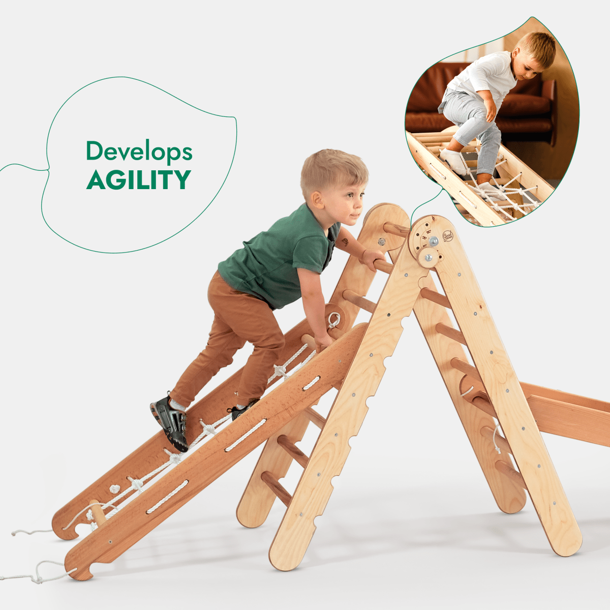 4in1 Montessori Climbing Set: Triangle Ladder + Climbing Arch + Slide Board + Net – Beige - The Baby Penguin