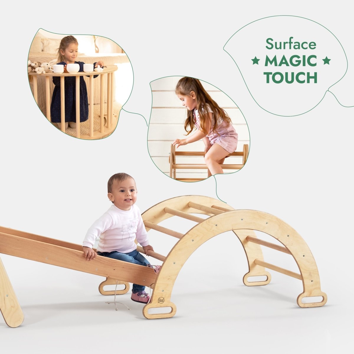 4in1 Montessori Climbing Set: Triangle Ladder + Climbing Arch + Slide Board + Net – Beige - The Baby Penguin