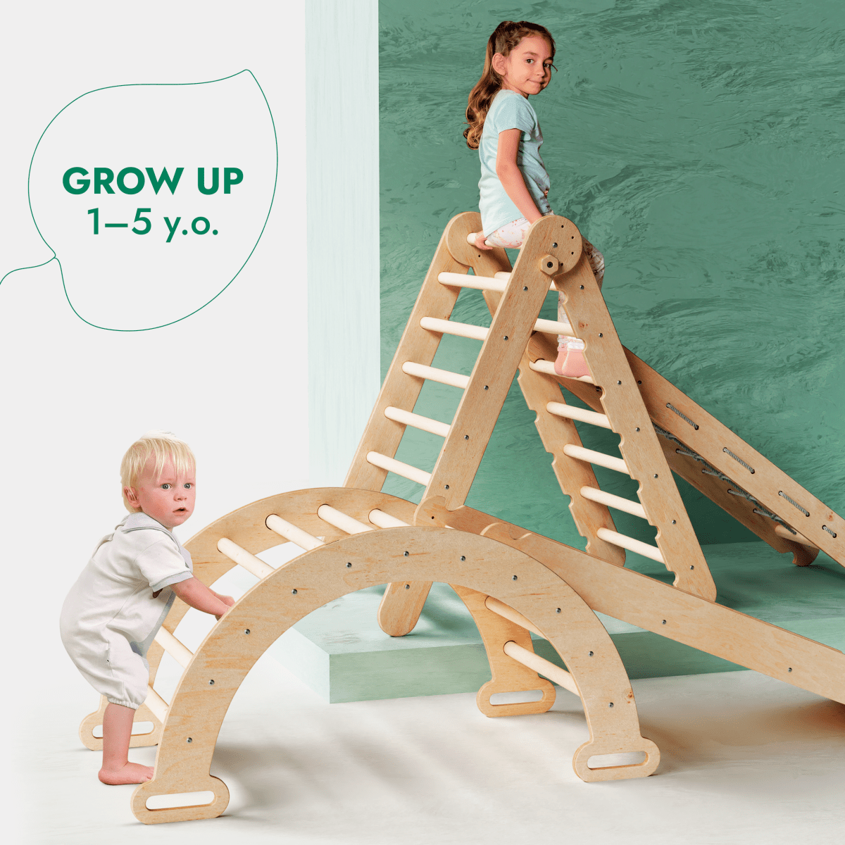 4in1 Montessori Climbing Set: Triangle Ladder + Climbing Arch + Slide Board + Net – Beige - The Baby Penguin
