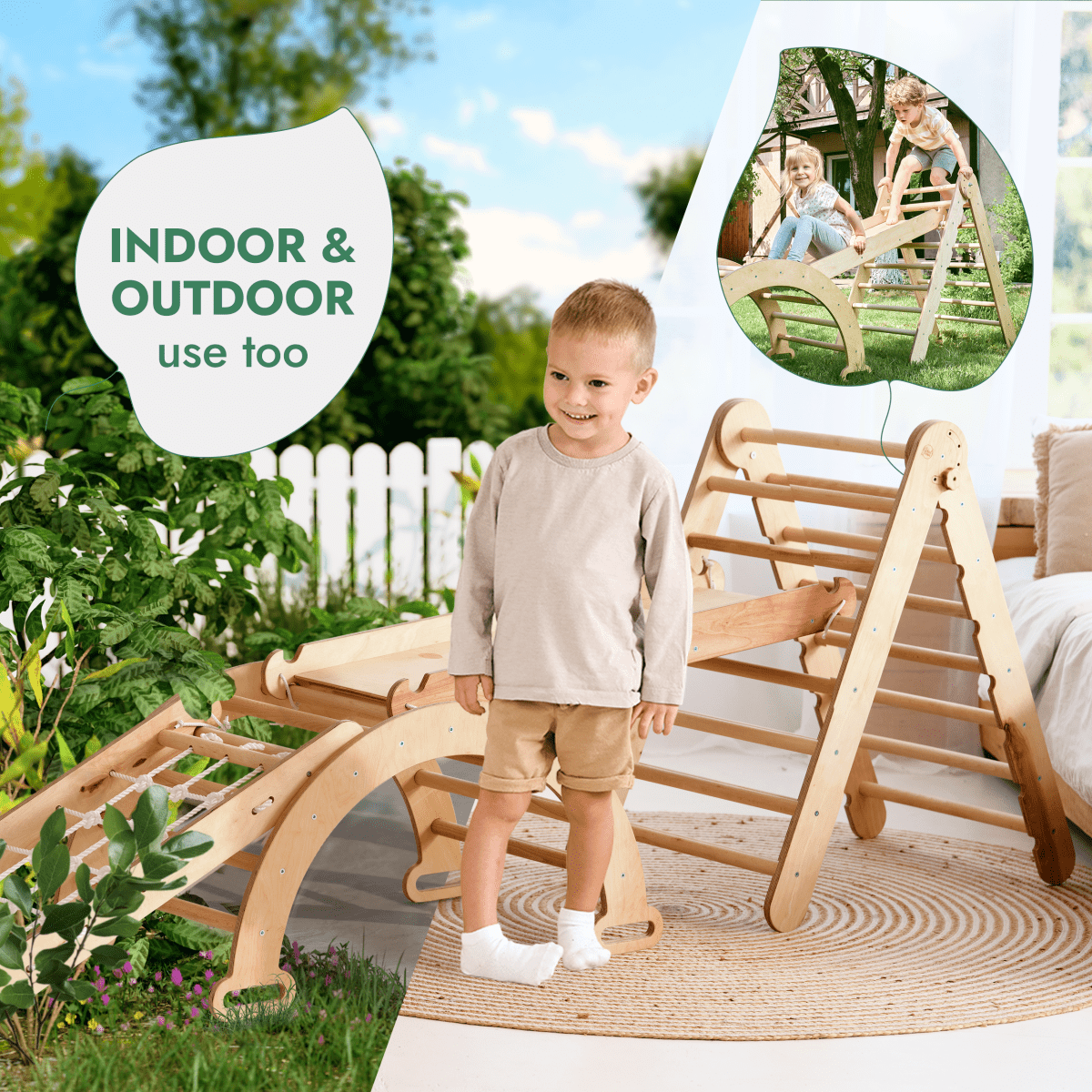 4in1 Montessori Climbing Set: Triangle Ladder + Climbing Arch + Slide Board + Net – Beige - The Baby Penguin