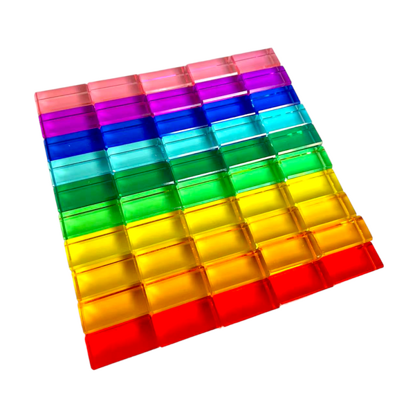 50 Pcs Rainbow Crystal Clear Translucent Rectangular Lucite Building Blocks Set with Storage Tray |  | The Baby Penguin
