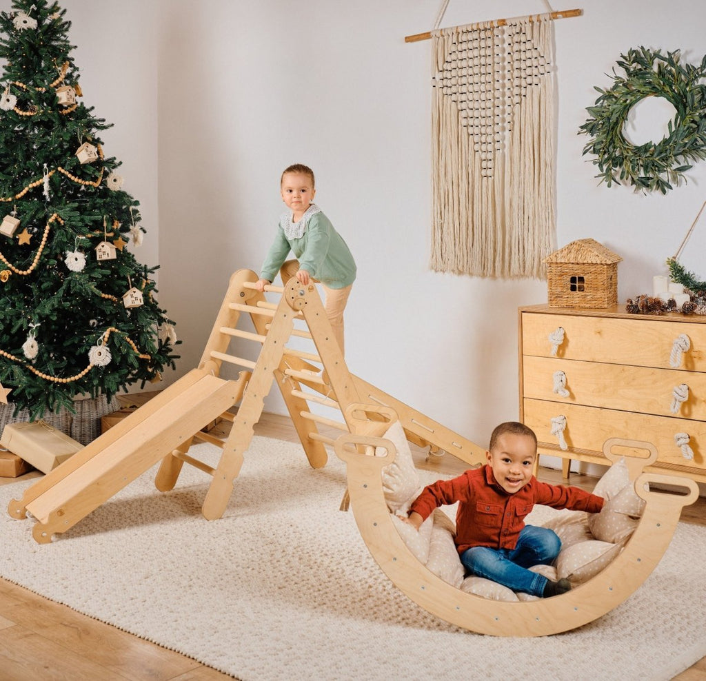 5in1 Montessori Climbing Set: Triangle Ladder + Arch/Rocker + Slide Board/Ramp + Netting rope + Cushion - The Baby Penguin