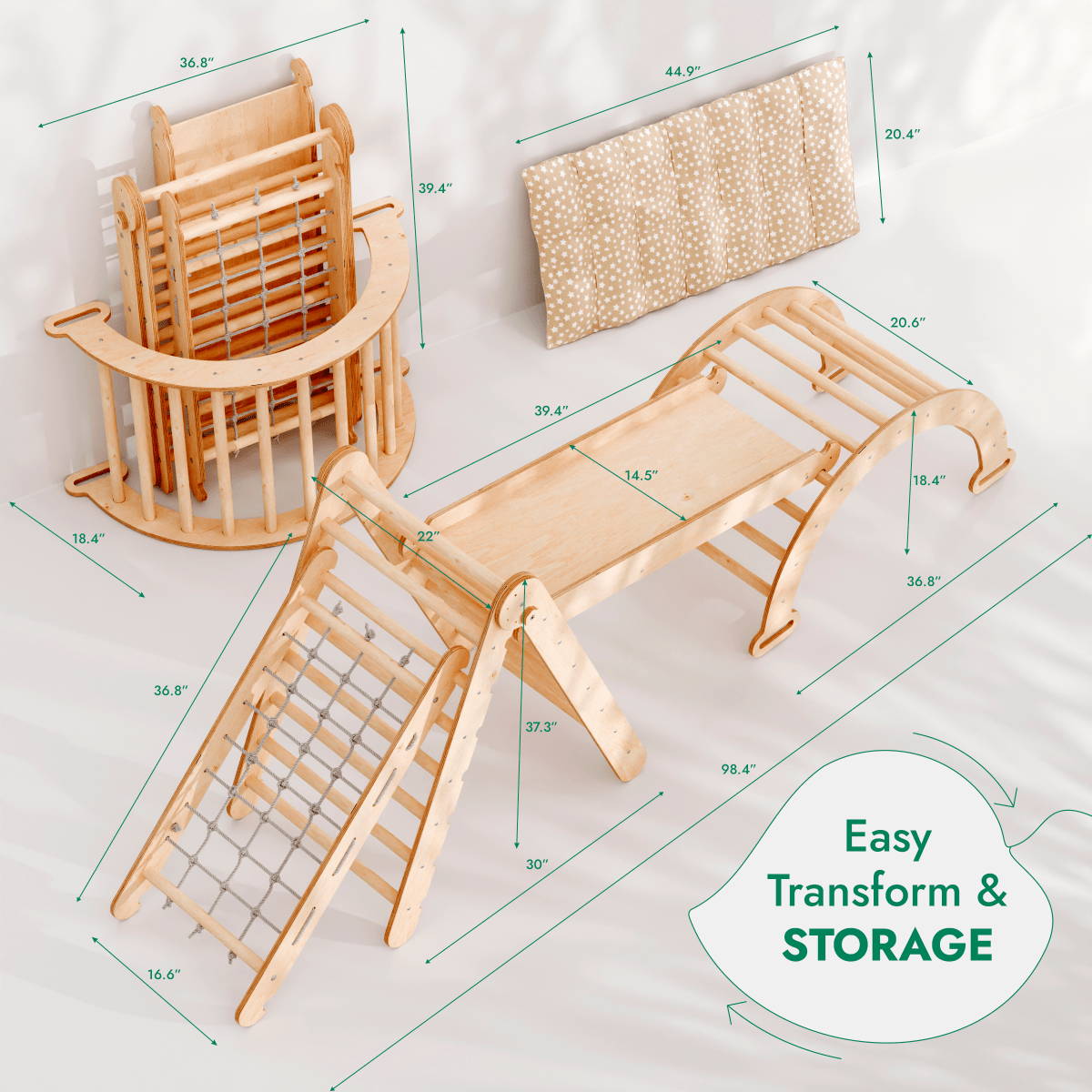 5in1 Montessori Climbing Set: Triangle Ladder + Arch/Rocker + Slide Board/Ramp + Netting rope + Cushion - The Baby Penguin