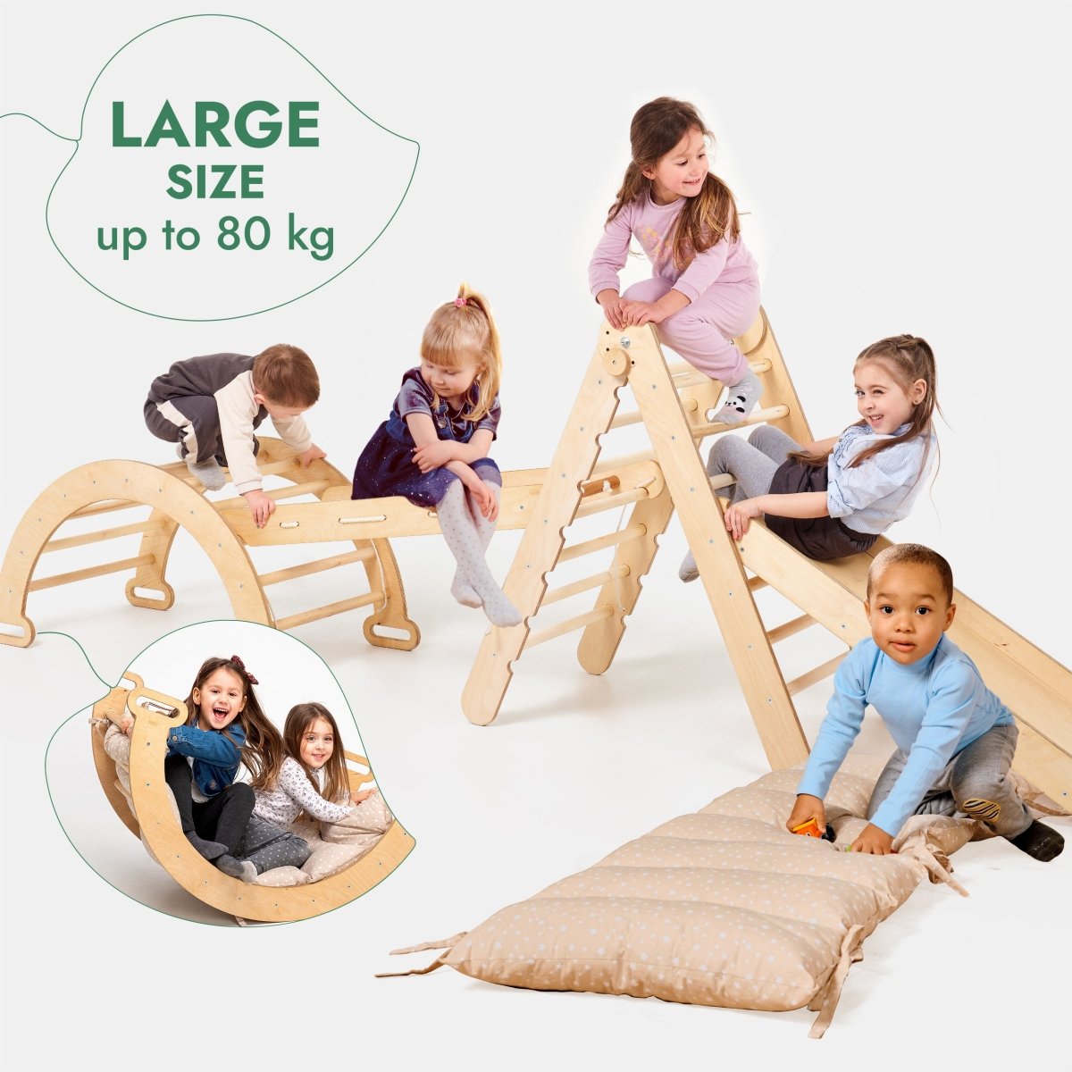 5in1 Montessori Climbing Set: Triangle Ladder + Arch/Rocker + Slide Board/Ramp + Netting rope + Cushion - The Baby Penguin