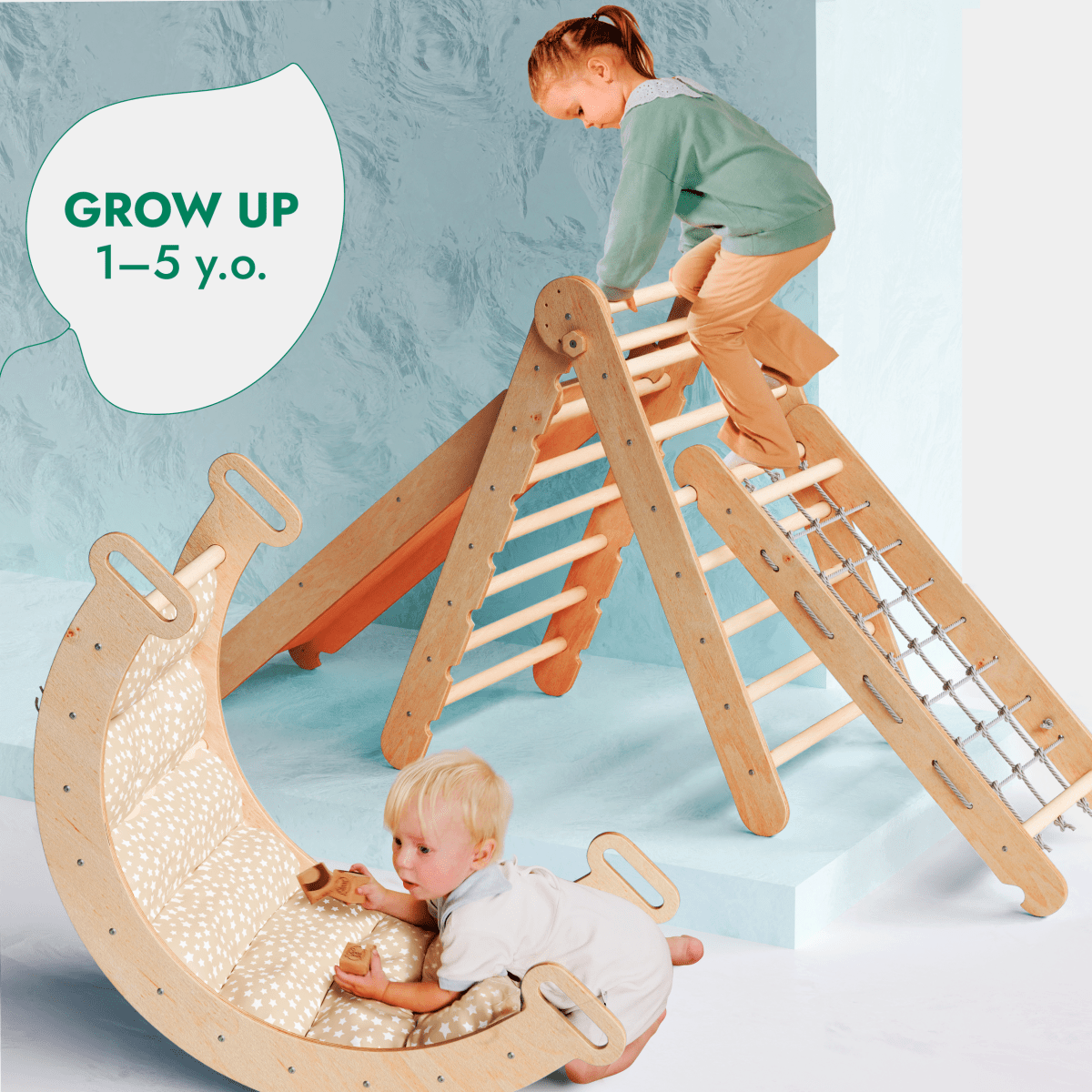 5in1 Montessori Climbing Set: Triangle Ladder + Arch/Rocker + Slide Board/Ramp + Netting rope + Cushion - The Baby Penguin