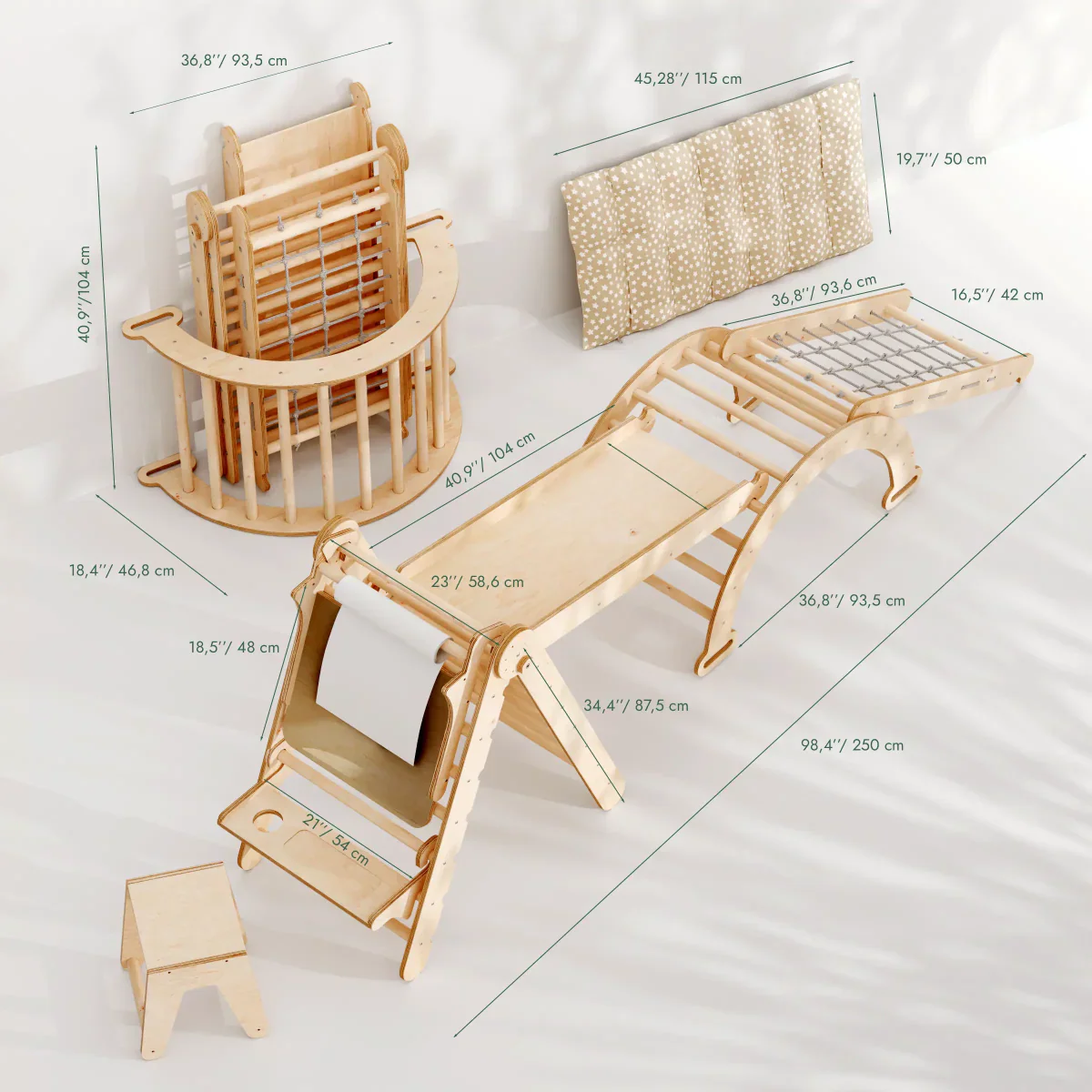 6in1 Montessori Climbing Set: Triangle Ladder + Arch/Rocker + Slide/Ramp + Net + Cushion + Art Addition - The Baby Penguin
