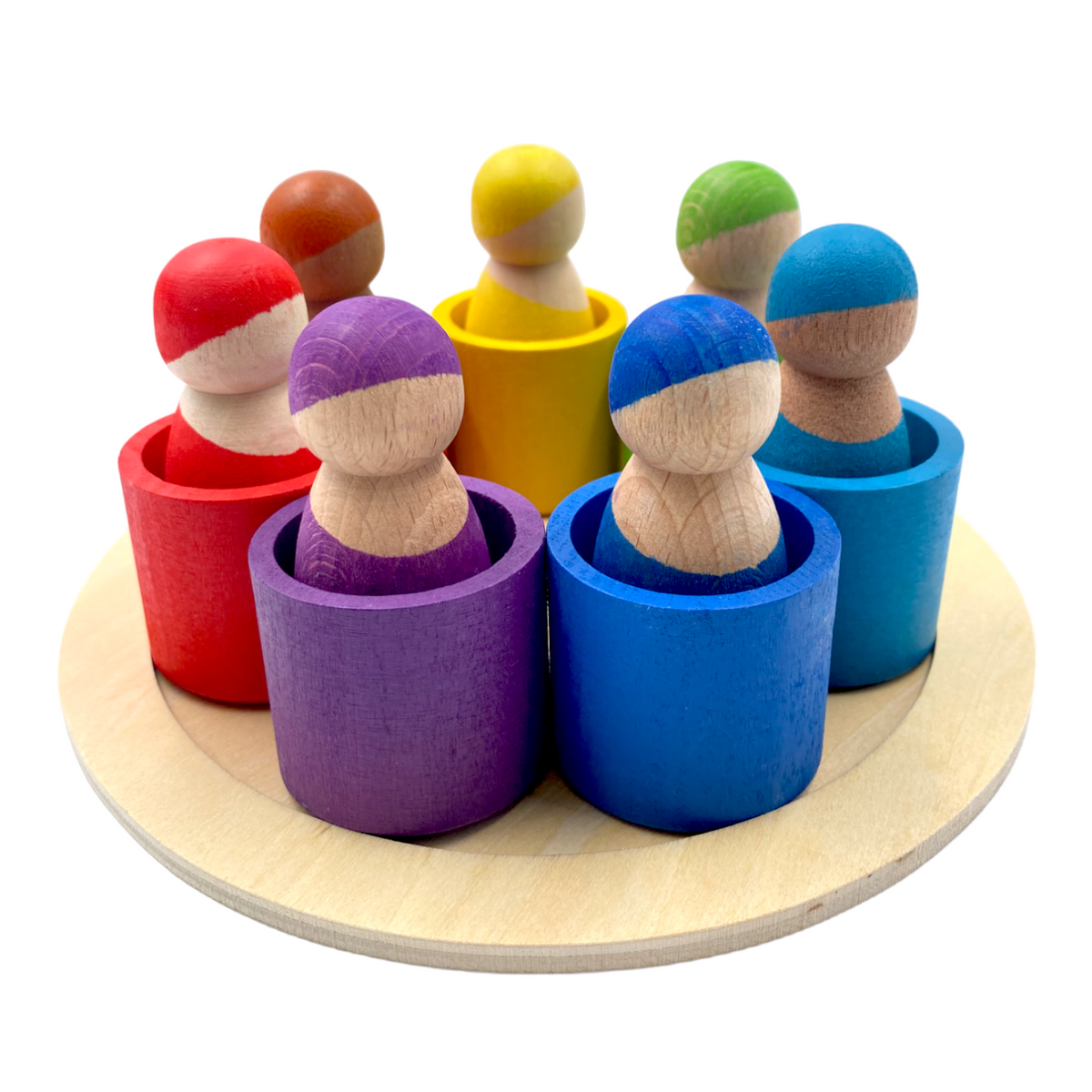 Rainbow peg dolls in matching bowls with purple and blue bowls at the front