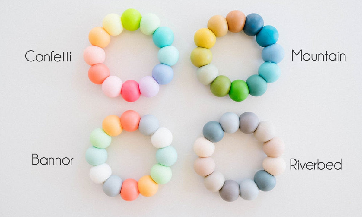 Bannor silicone bead color chart showing example teether color combinations