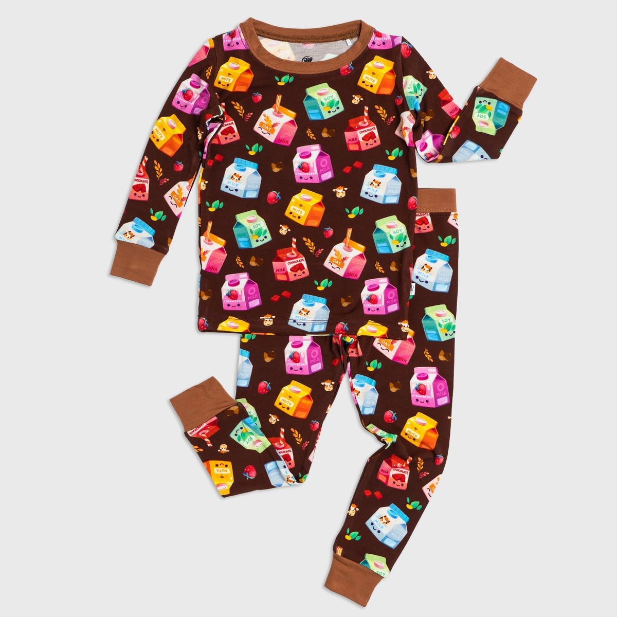 Flat lay of Bam & Stitch All the Milks! Long Sleeve Pajamas, showing the matching top and bottoms.