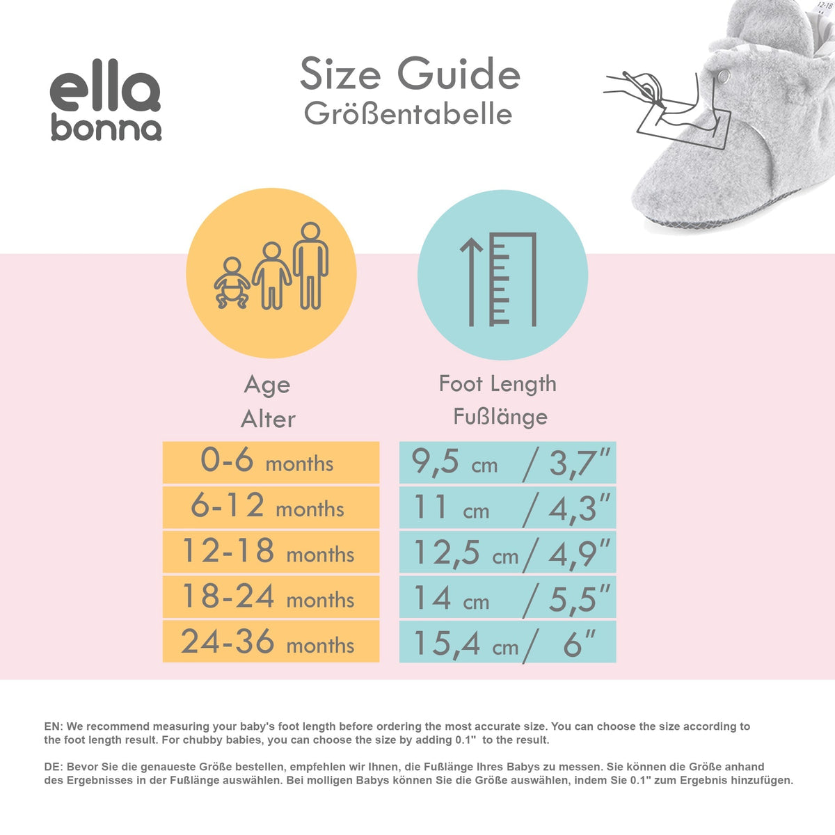 Ella Bonna baby bootie size guide comparing ages 0–36 months with foot lengths in centimeters and inches.