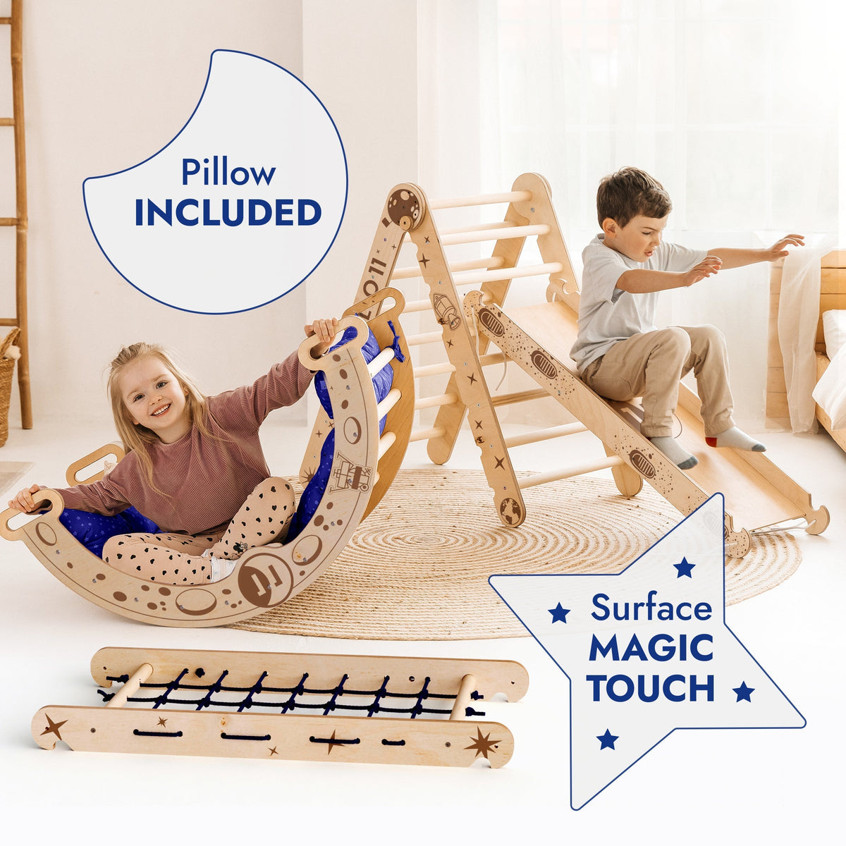 Apollo 5in1 Climbing Set:  Pikler Triangle, Net, Arch, Slide Board, and Cushion for Little Astronauts - The Baby Penguin