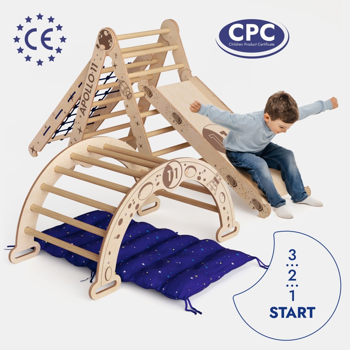 Apollo 5in1 Climbing Set:  Pikler Triangle, Net, Arch, Slide Board, and Cushion for Little Astronauts - The Baby Penguin