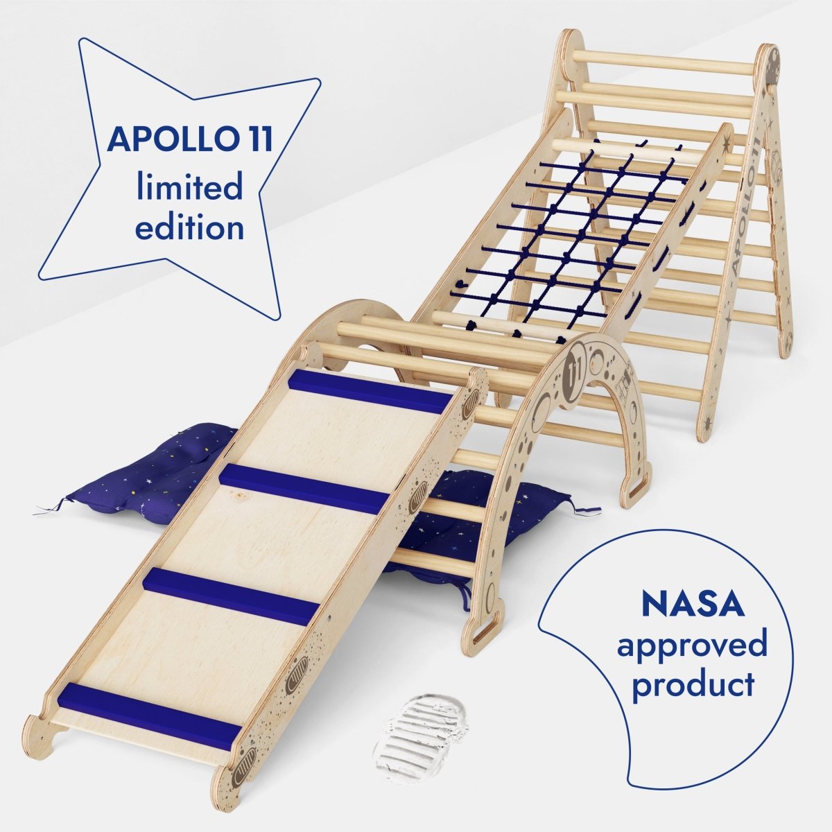 Apollo 5in1 Climbing Set:  Pikler Triangle, Net, Arch, Slide Board, and Cushion for Little Astronauts - The Baby Penguin