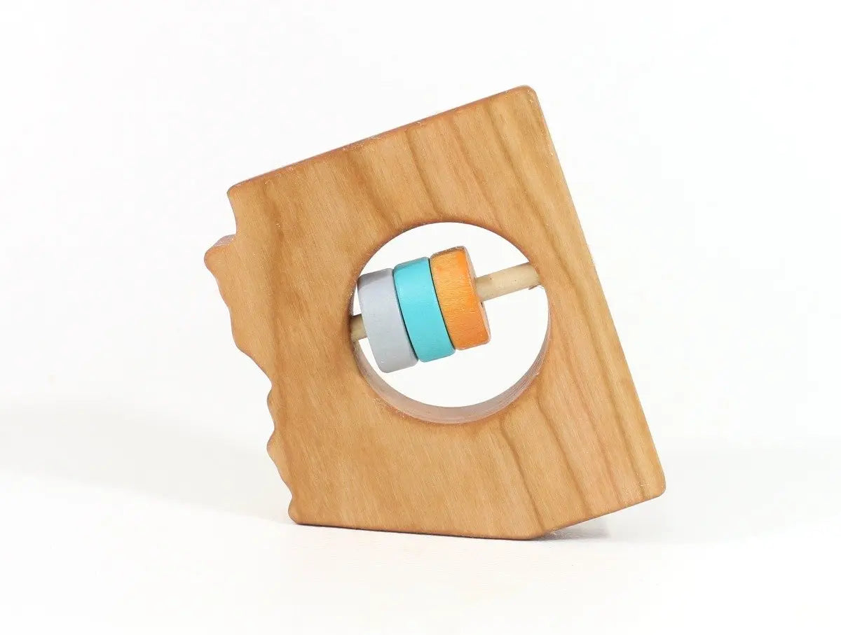 Bannor Toys Arizona State Wooden Baby Rattle, showing state-shaped cherry-wood body and colored rattle discs