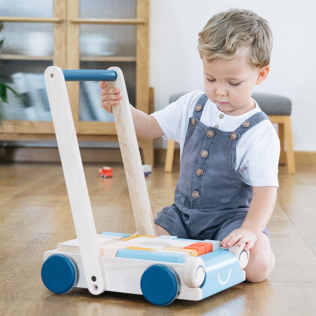 PlanToys Wooden Baby Push Walker with Blocks – Orchard