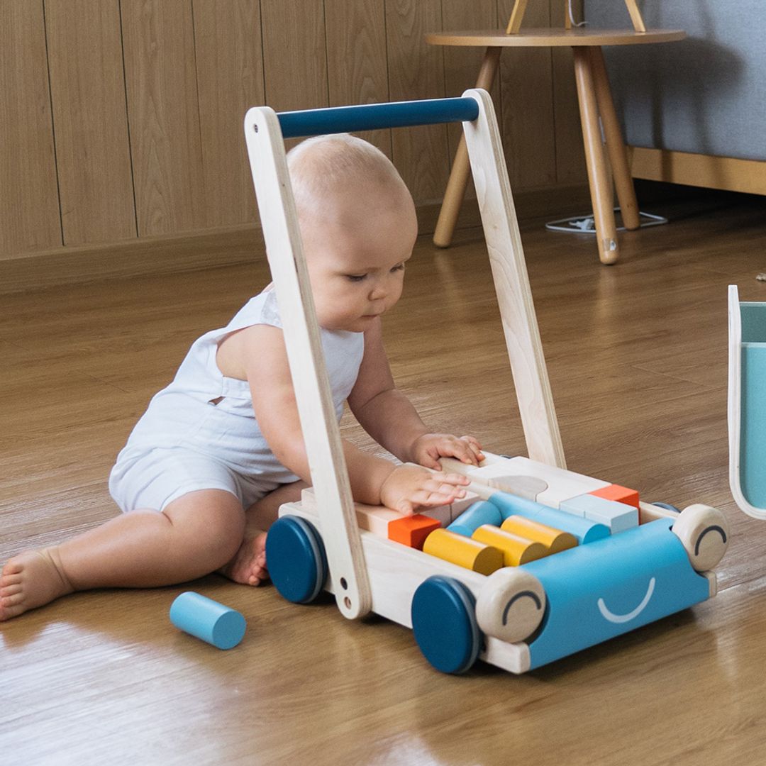 PlanToys Wooden Baby Push Walker with Blocks – Orchard