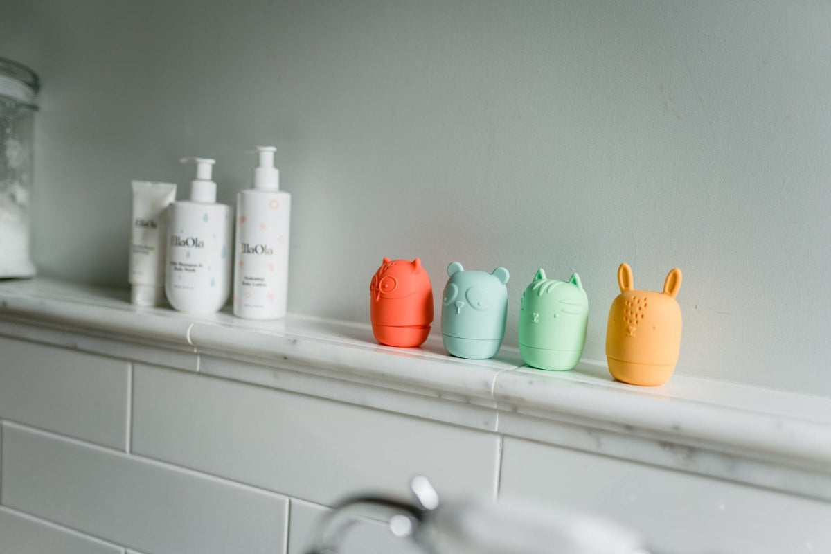 Bannor Toys Bath Buddies Silicone Bath Toy Set collection view, showing colorful animal-shaped silicone bath toys