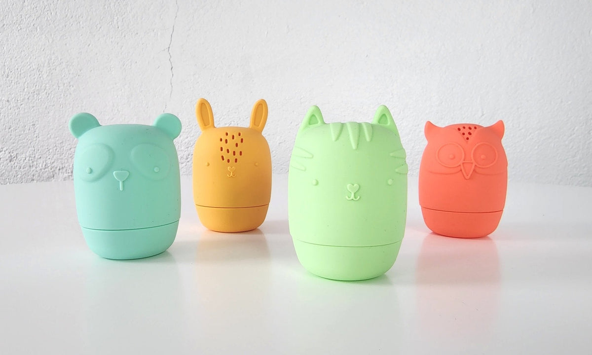 Bannor Toys Bath Buddies Silicone Bath Toy Set collection view, showing colorful animal-shaped silicone bath toys