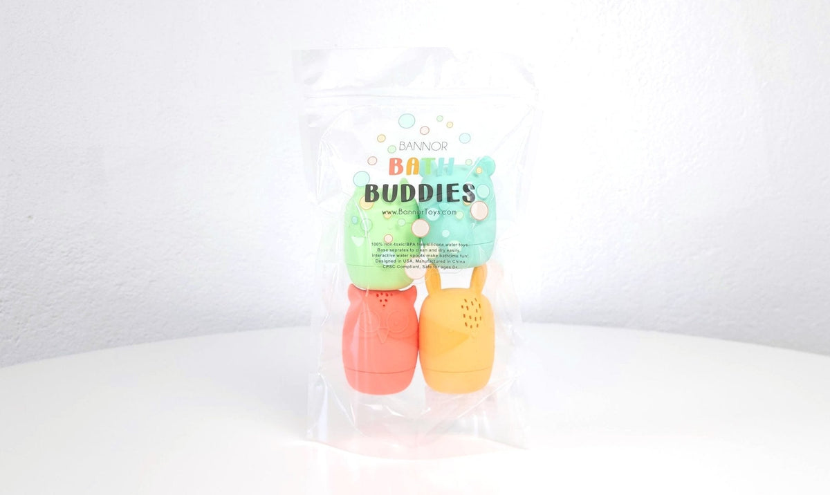 Bannor Bath Buddies retail package containing colorful silicone bath toys
