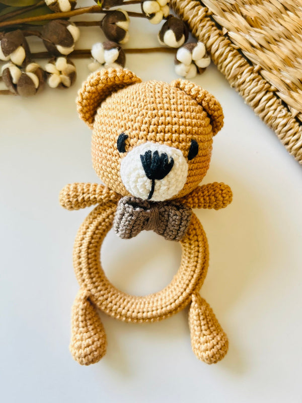 Bear Teether Rattle-Full Crochet Ring - The Baby Penguin