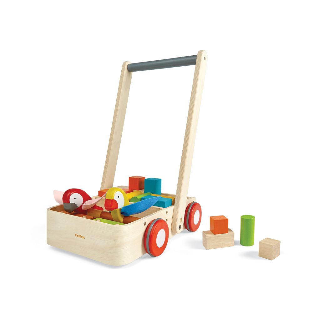 PlanToys Bird Wooden Push Walker with 16 Blocks