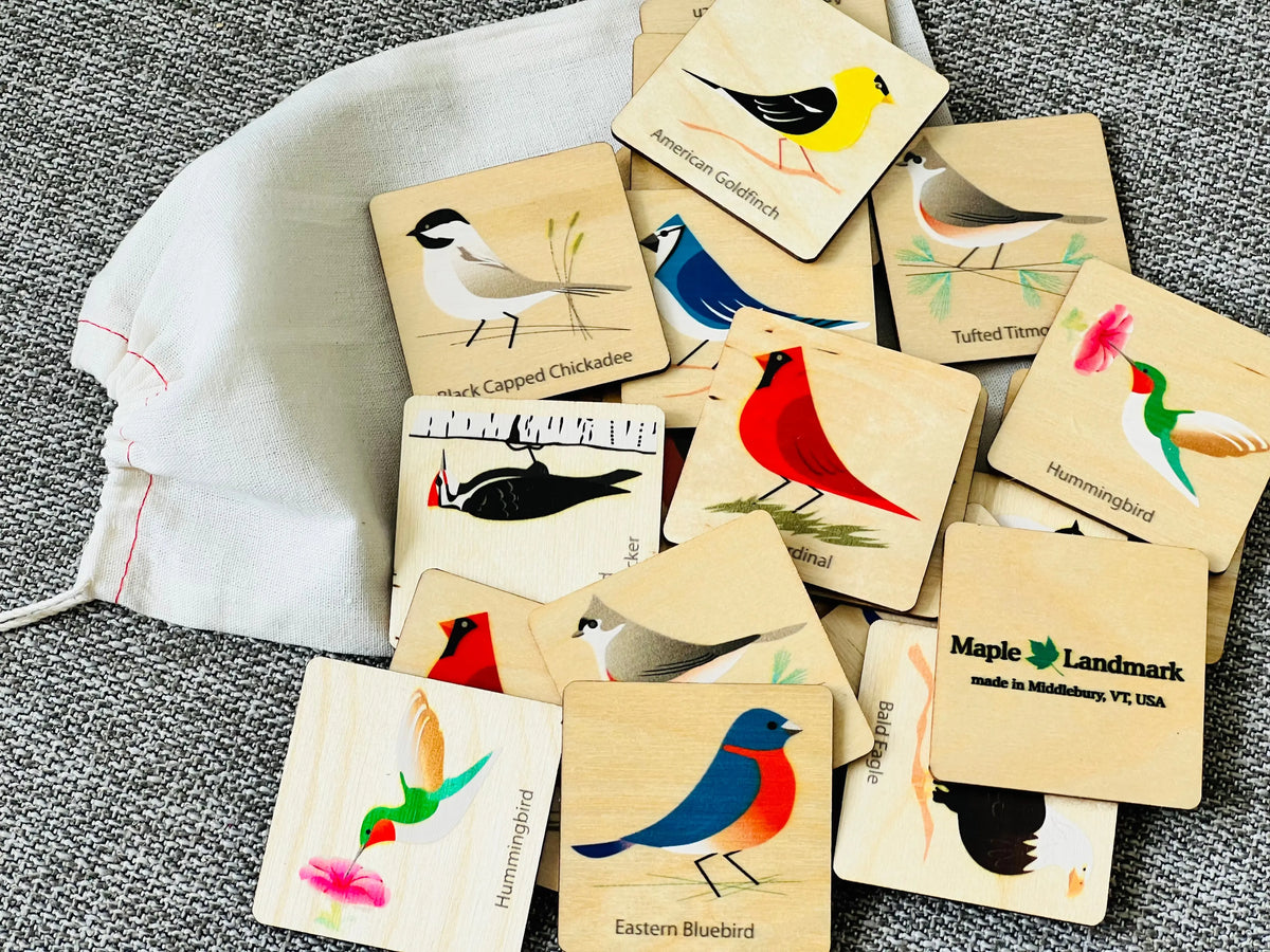 Birds Memory Tiles | Made in USA | Wooden Board Games Maple Landmark
