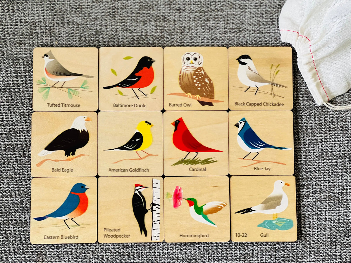 Birds Memory Tiles | Made in USA | Wooden Board Games Maple Landmark
