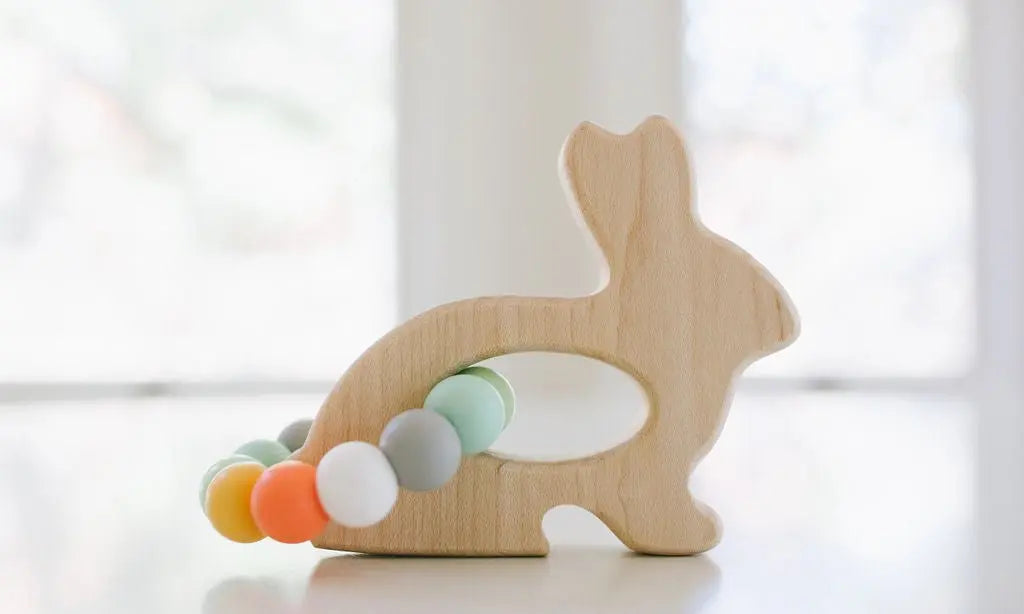 Bannor Toys Bunny Wooden Grasping Toy with Teething Beads, showing wooden outline and attached silicone beads