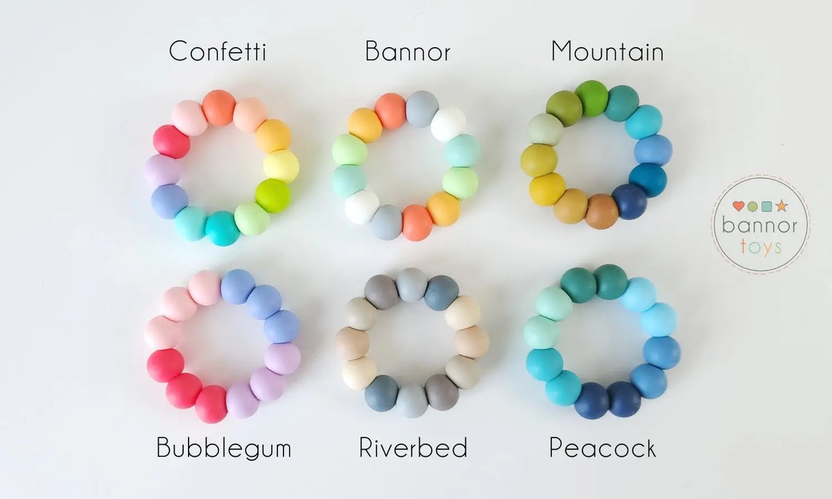 Bannor silicone bead color chart showing example teether color combinations