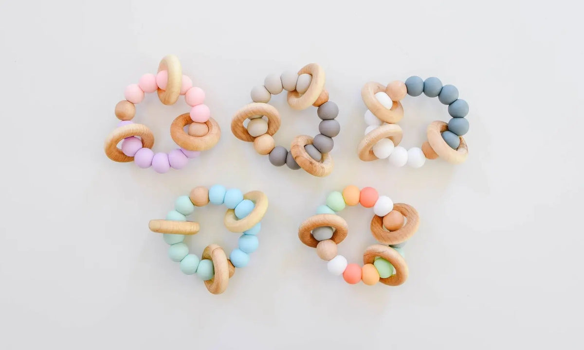 Bannor Toys Classic Teether collection view, showing wooden component and colored silicone