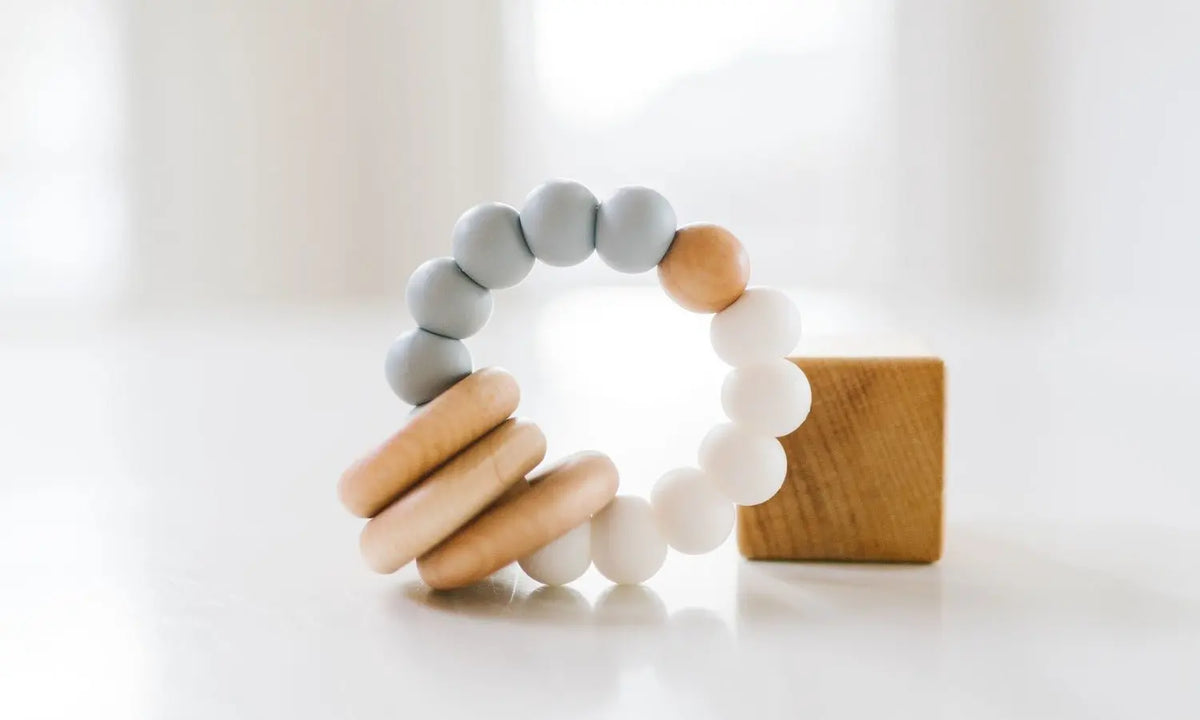 Bannor Toys Classic Teether, showing wooden component and colored silicone