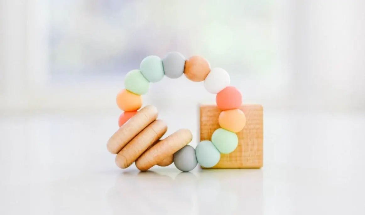 Bannor Toys Classic Teether, showing wooden component and colored silicone