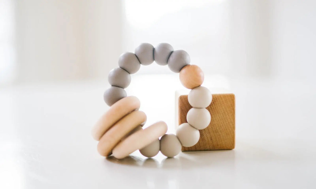 Bannor Toys Classic Teether, showing wooden component and colored silicone
