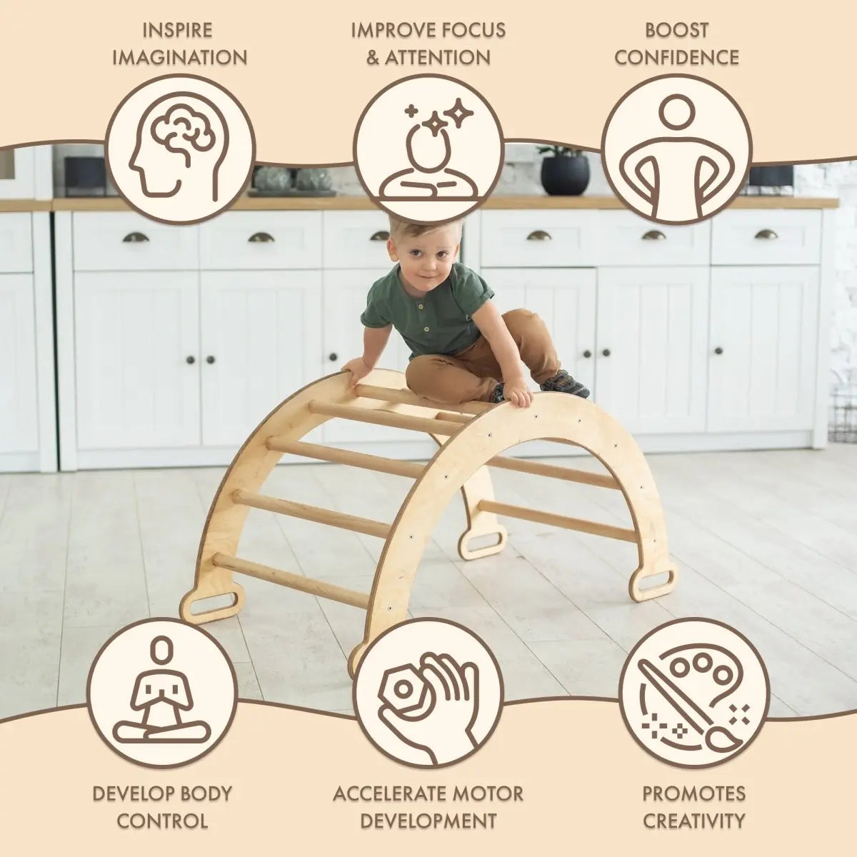 Climbing Arch & Rocker Balance - Montessori Climbers for Kids 1-7 y.o. – Beige - The Baby Penguin