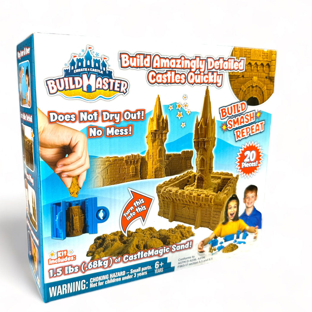 BuildMaster indoor castle activity kit retail box showing a 20-piece set and 1.5 pounds of CastleMagic Sand.